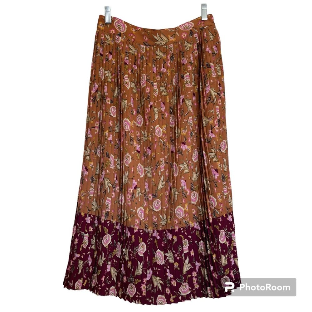 LOFT Women's Skirt, Size 6, Tan, burgundy, floral, pleated, midi/maxi skirt